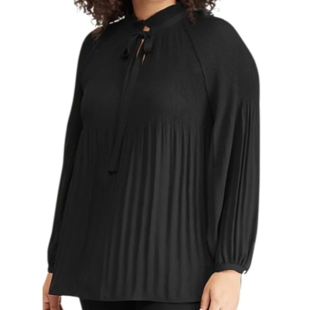 Lauren Ralph Lauren Pleated Georgette Tie Neck Blouse Large Black Long Sleeve